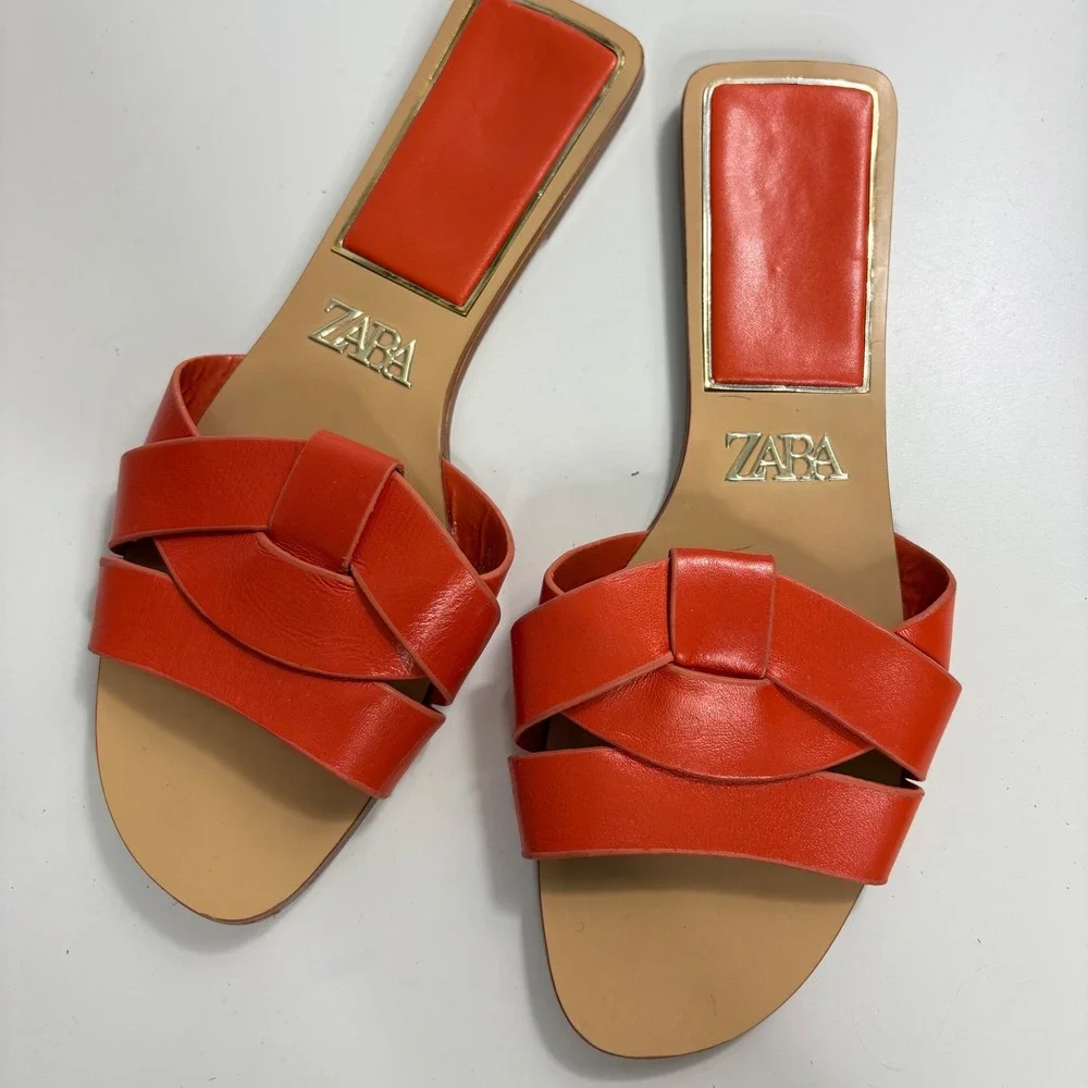 Zara Women Orange Red Interwoven Leather Flat Slide Sandals Square Toe Size 38